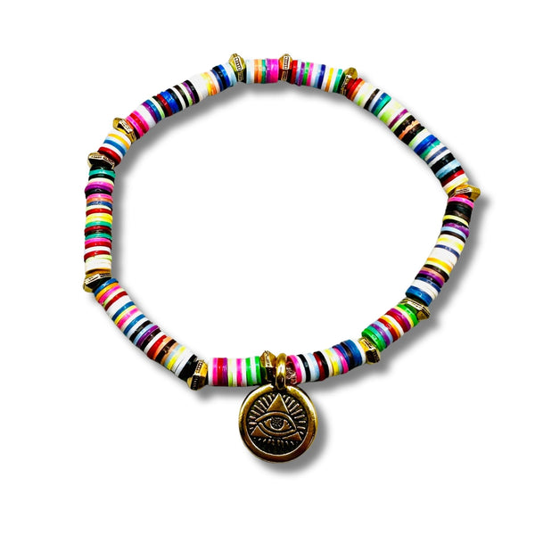 Rainbow Evil Eye Protection Vintage Vulcanite Brass Beaded Bracelet