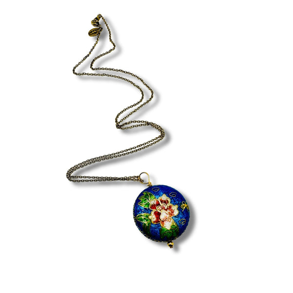 Vintage Blue Floral Cloisonné  Pendant Necklace