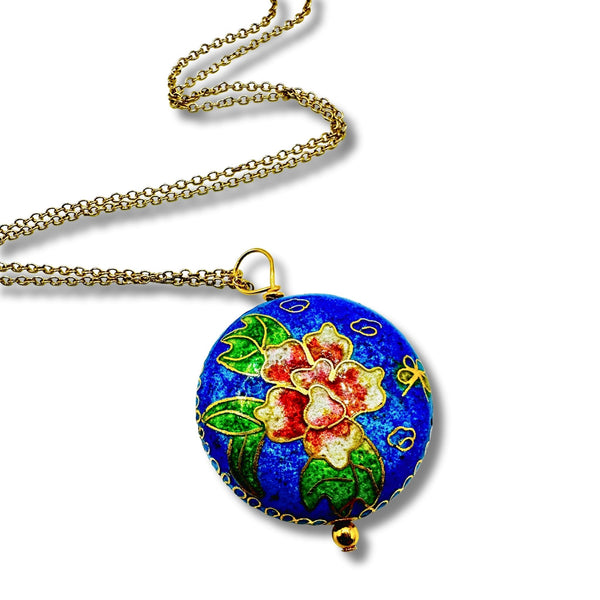 Vintage Blue Floral Cloisonné  Pendant Necklace