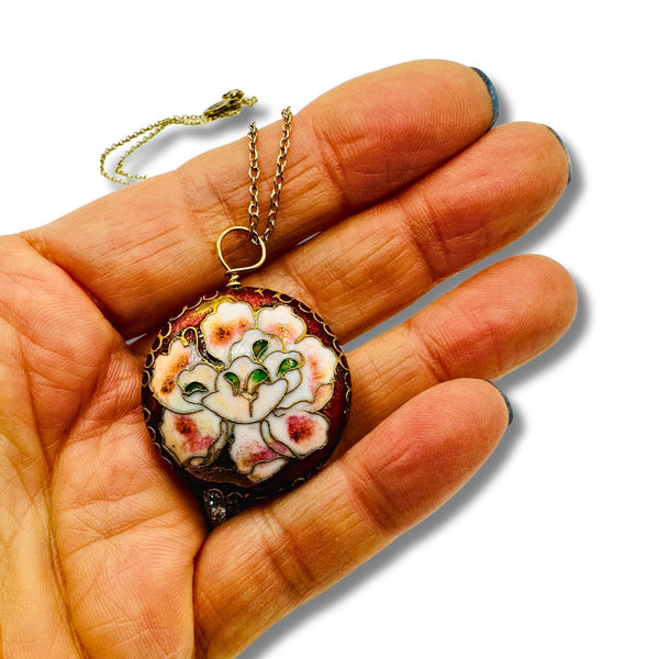 Vintage Red Floral Cloisonné  Pendant Necklace