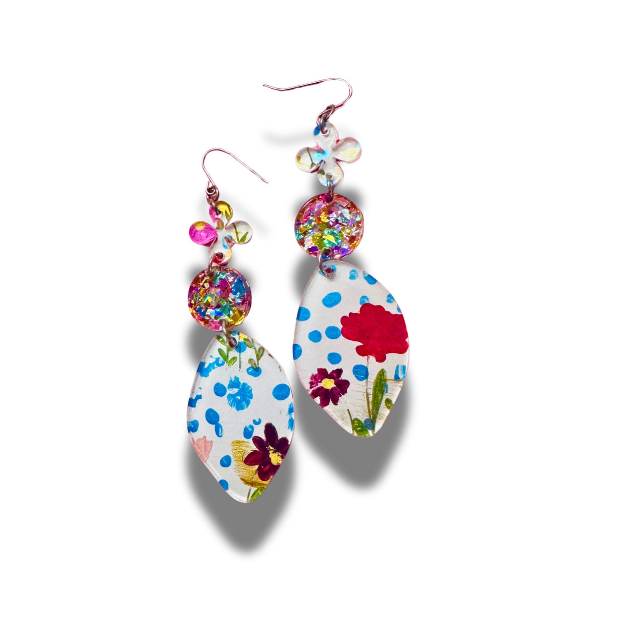 One of a Kind Hand Painted Glitter Floral Statement Acrylic Earrings