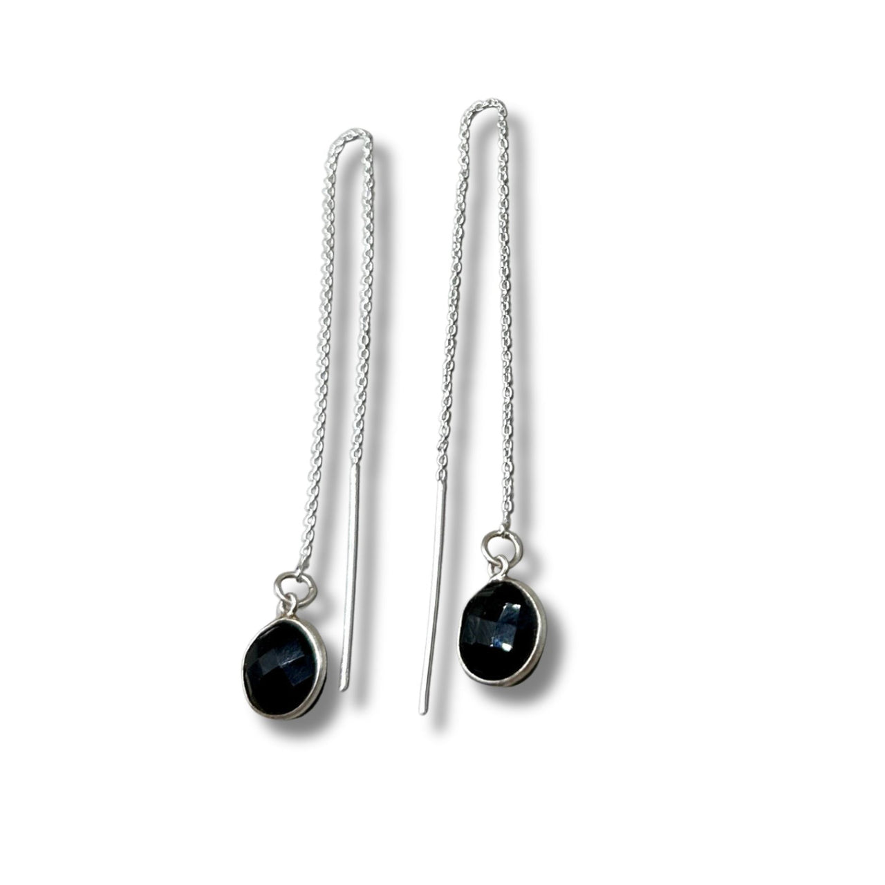 Black Onyx Bezel Drop Sterling Silver Threader Earrings