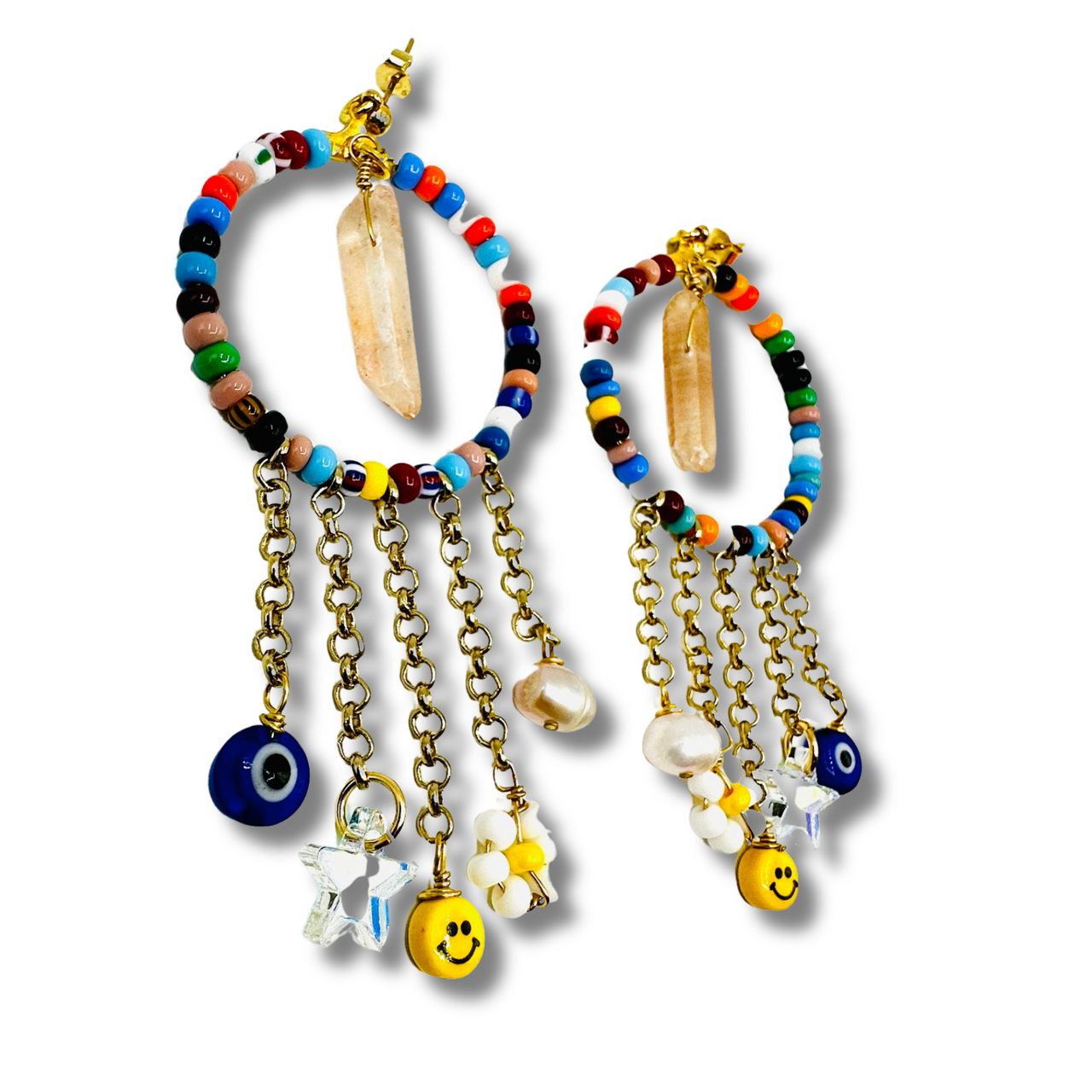 Colorful Beaded Ceramic Happy Face, Crystal Earrings