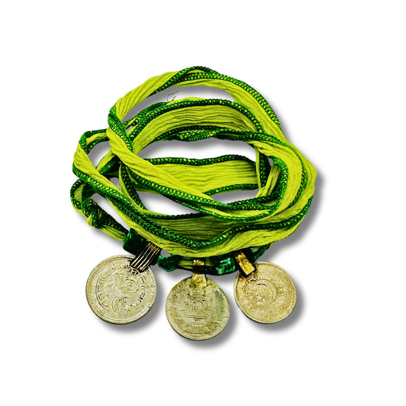 Green Silk Wrap Bracelet/Necklace with Three Vintage Coins