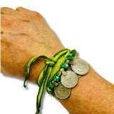 Green Silk Wrap Bracelet/Necklace with Three Vintage Coins