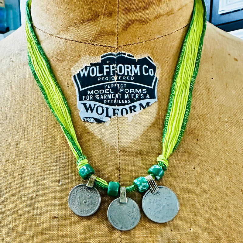 Green Silk Wrap Bracelet/Necklace with Three Vintage Coins