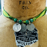 Green Silk Wrap Bracelet/Necklace with Three Vintage Coins