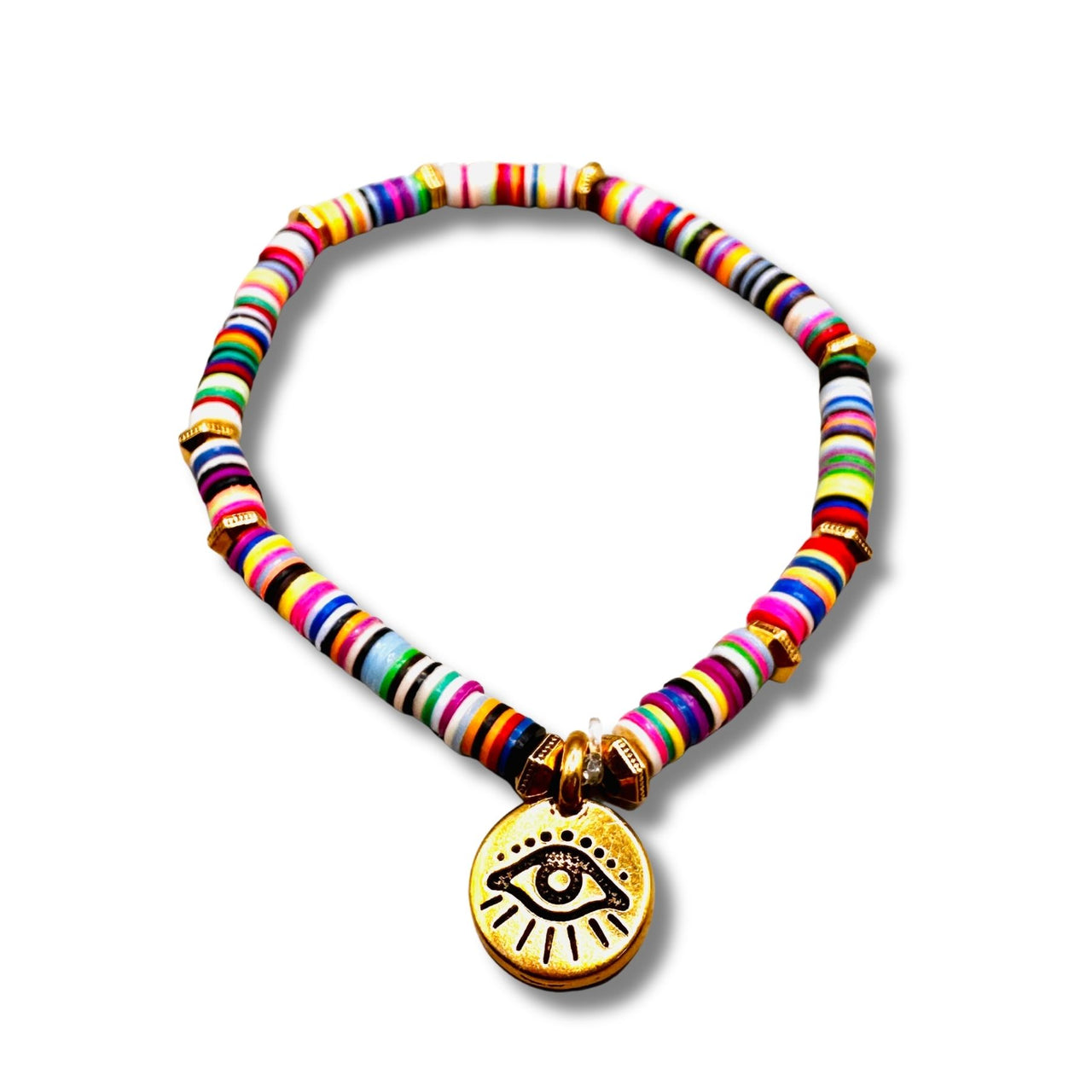 Rainbow Radiating Evil Eye Protection Vintage Vulcanite Brass Beaded Bracelet