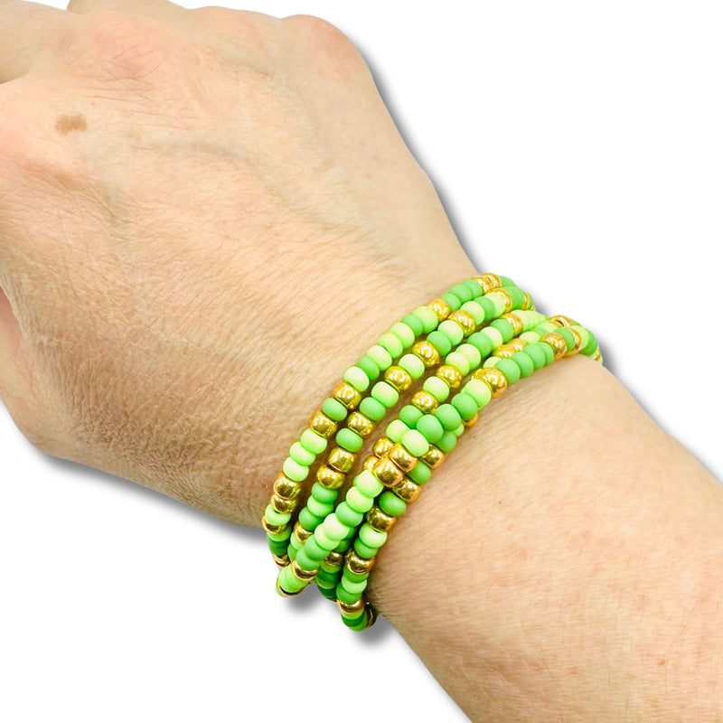 Vibrant Greens and Gold Bracelet, Necklace and Anklet Wrap Handmade