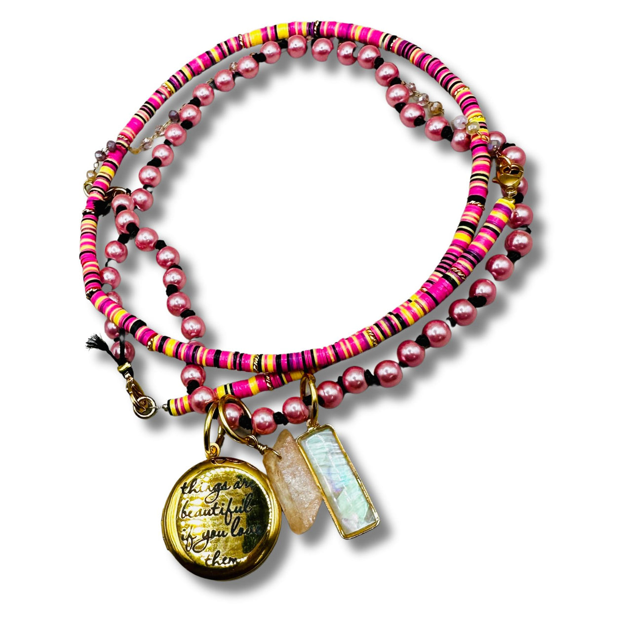 Pinks, Black, Lavender and Yellow Convertible Necklace and Bracelet Combination with Locket