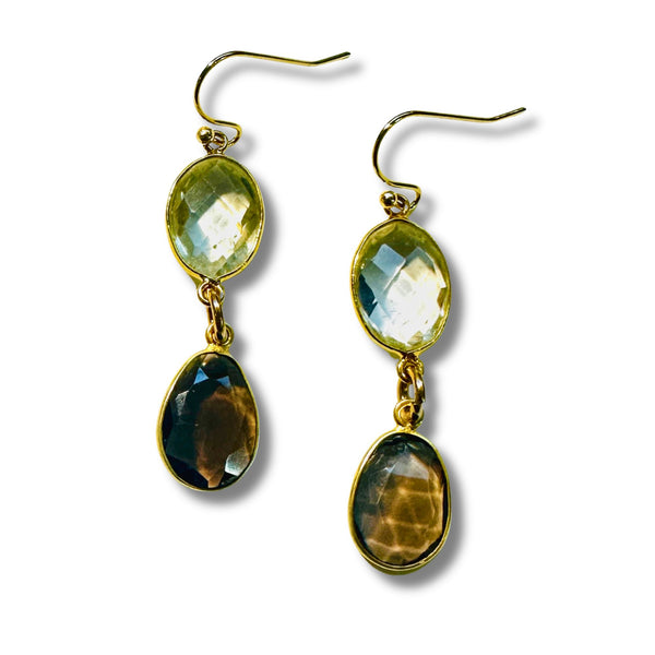 Light Yellow Lemon Quartz with Smokey Topaz Dangle Drop Earrings