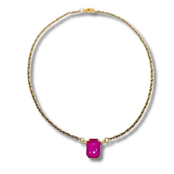 Fuchsia Pink Emerald Cut Rhinestone Gold Statement Necklace