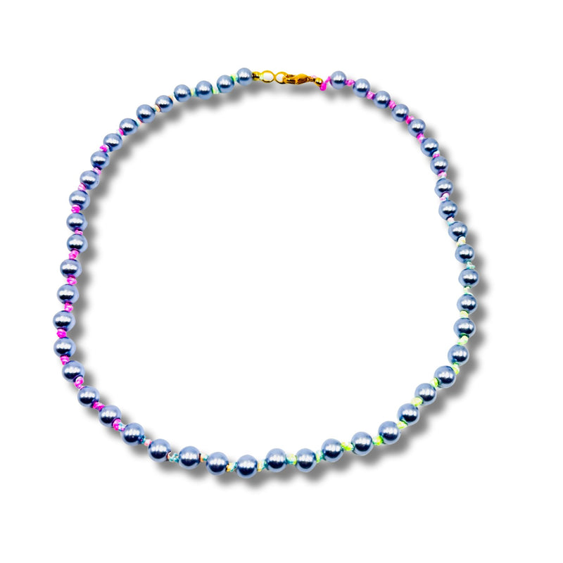 Hand Knotted Light Blue Rainbow Thread Pearl Layering Necklace