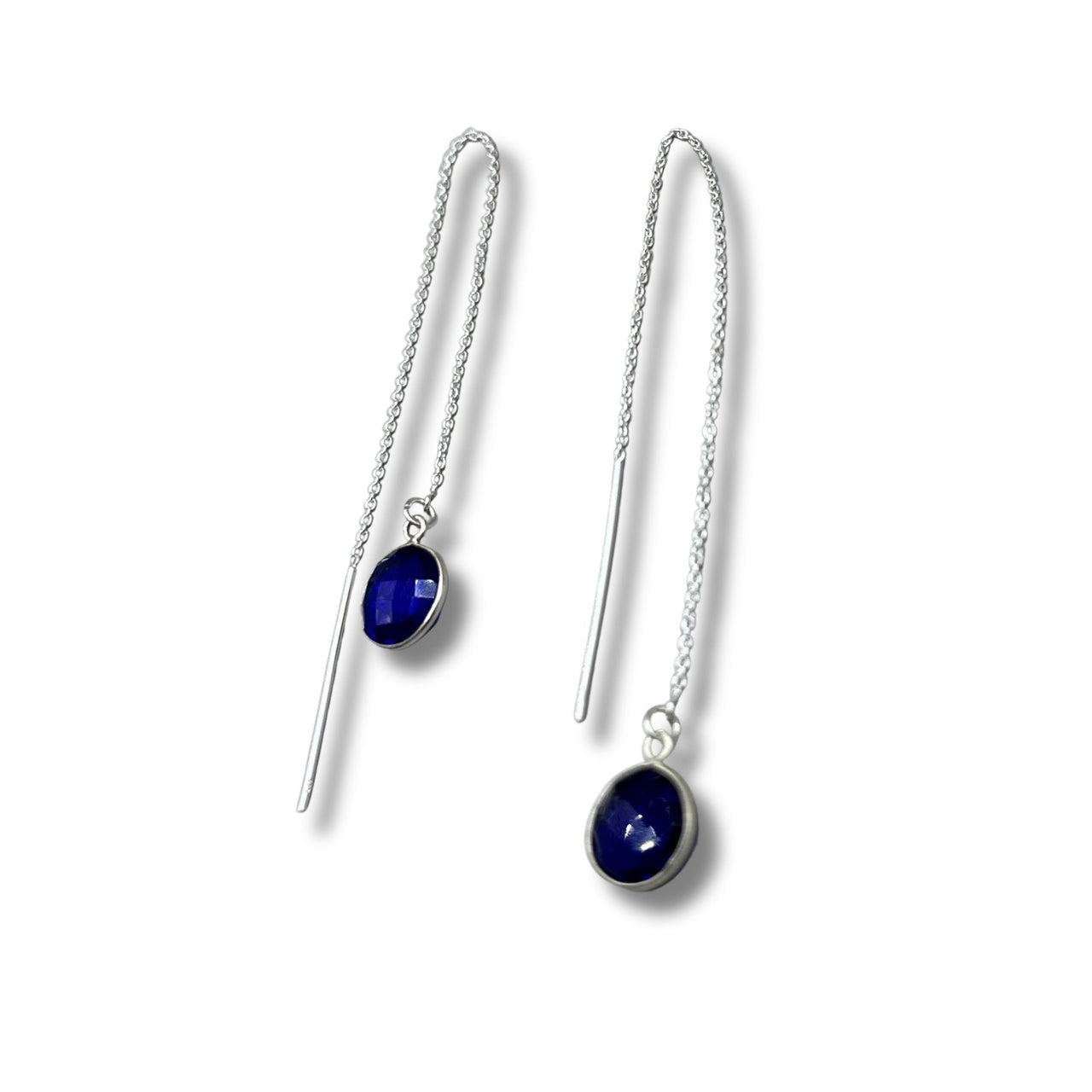 Sapphire Glass Bezel Drop Sterling Silver Threader Earrings