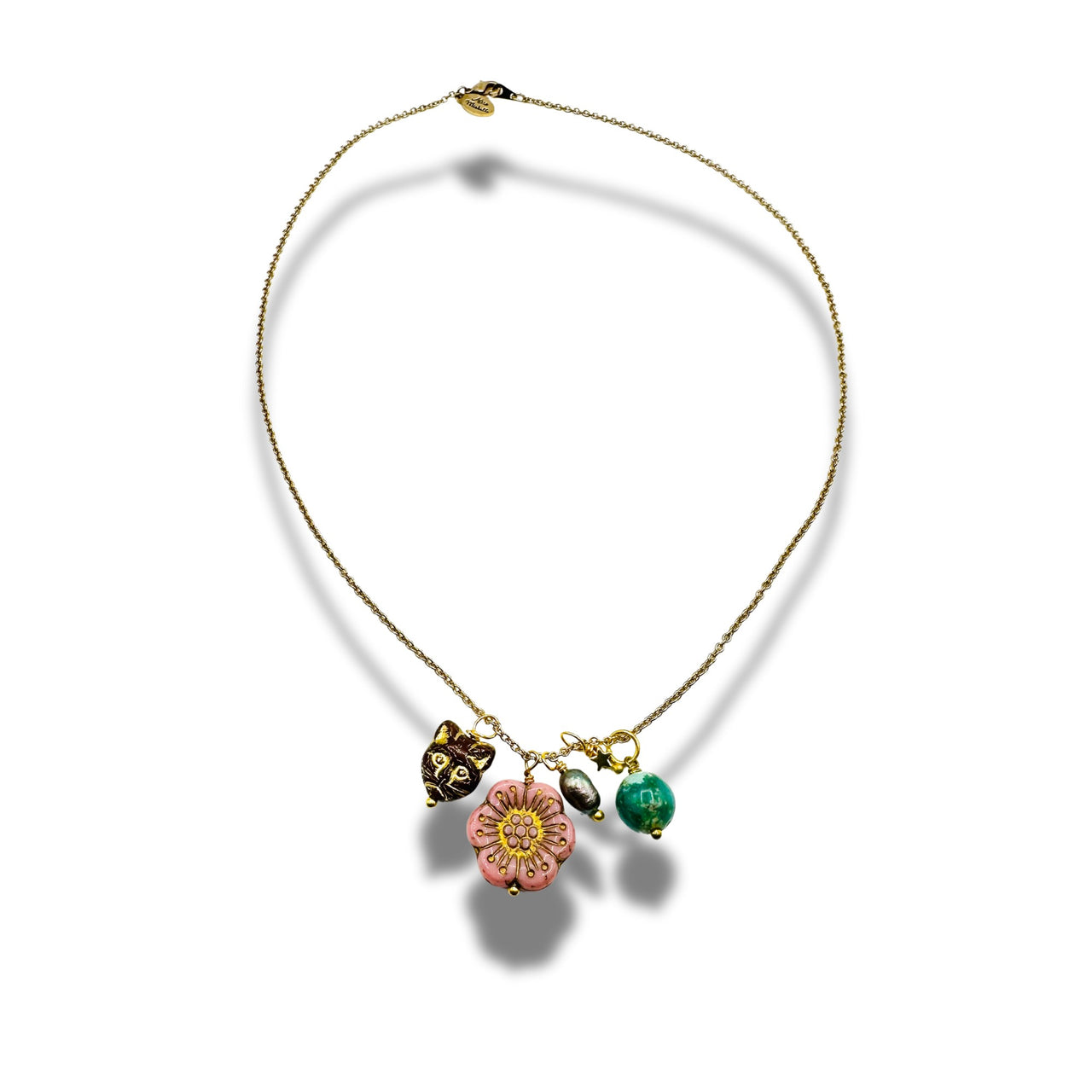 Vintage Pink Flower Necklace with Stones, Cat Charm Necklace