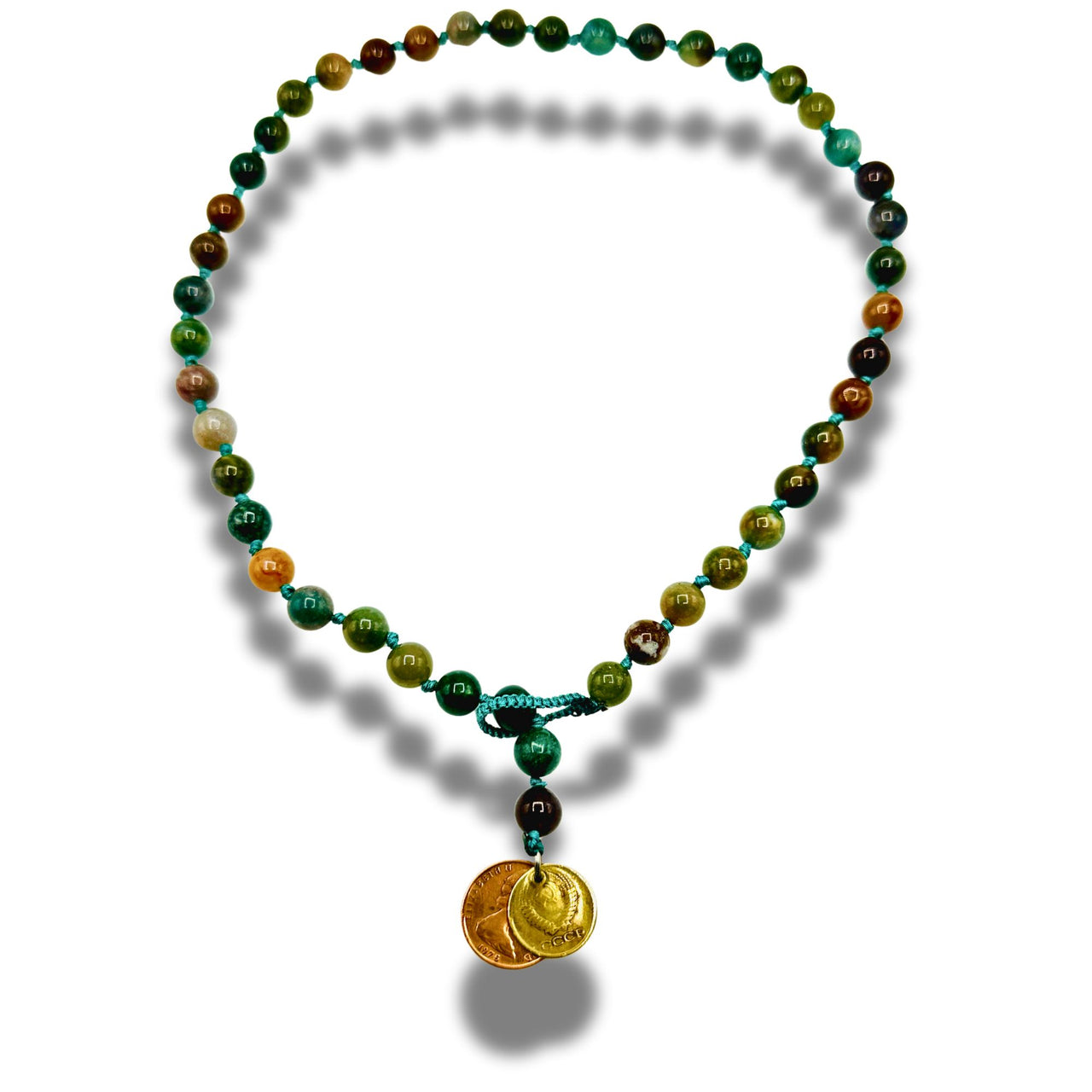 Moss Agate Hand Knotted Beaded Necklace with Genuine Coins