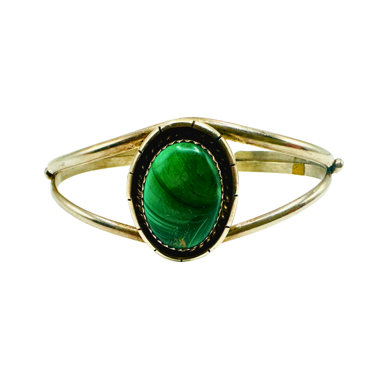 Vintage Sterling Silver Malachite Cuff Bracelet Oval Green Stone Bracelet with Maker’s Initials