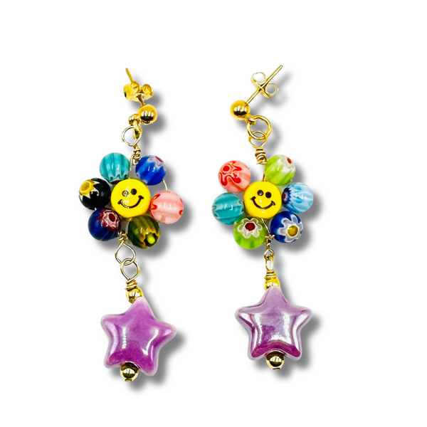Millefiori Hand Painted Happy Face with Ceramic Star Earrings