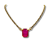 Fuchsia Pink Emerald Cut Rhinestone Gold Statement Necklace