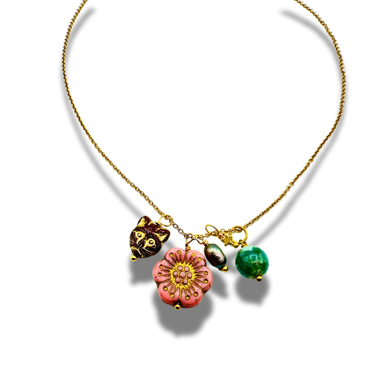 Vintage Pink Flower Necklace with Stones, Cat Charm Necklace