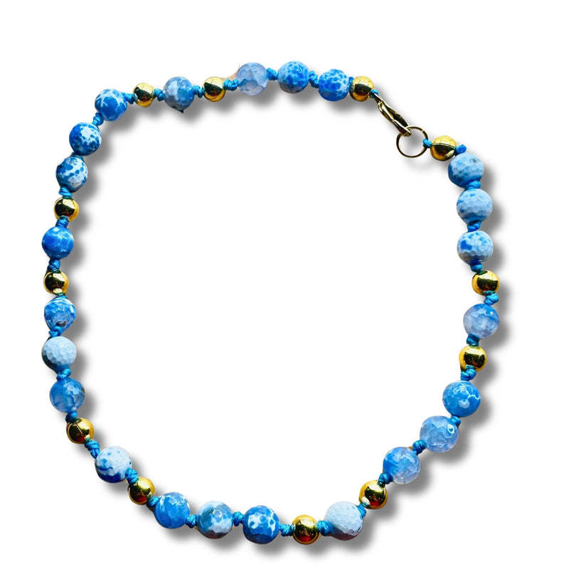 Genuine Blue Quartz, Gold Balls, Beaded Hand Knotted Statement Necklace