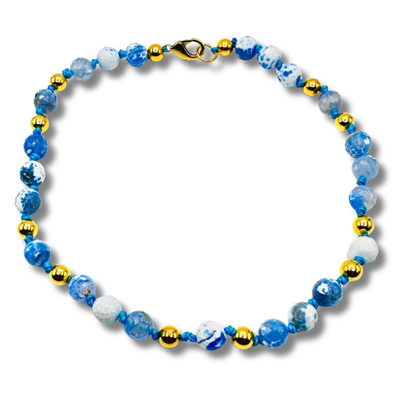 Genuine Blue Quartz, Gold Balls, Beaded Hand Knotted Statement Necklace