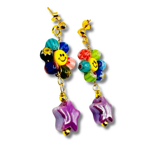 Millefiori Hand Painted Happy Face with Ceramic Star Earrings