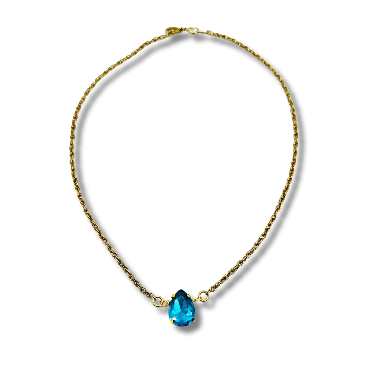 Aqua Blue Pear Cut Rhinestone Gold Statement Necklace