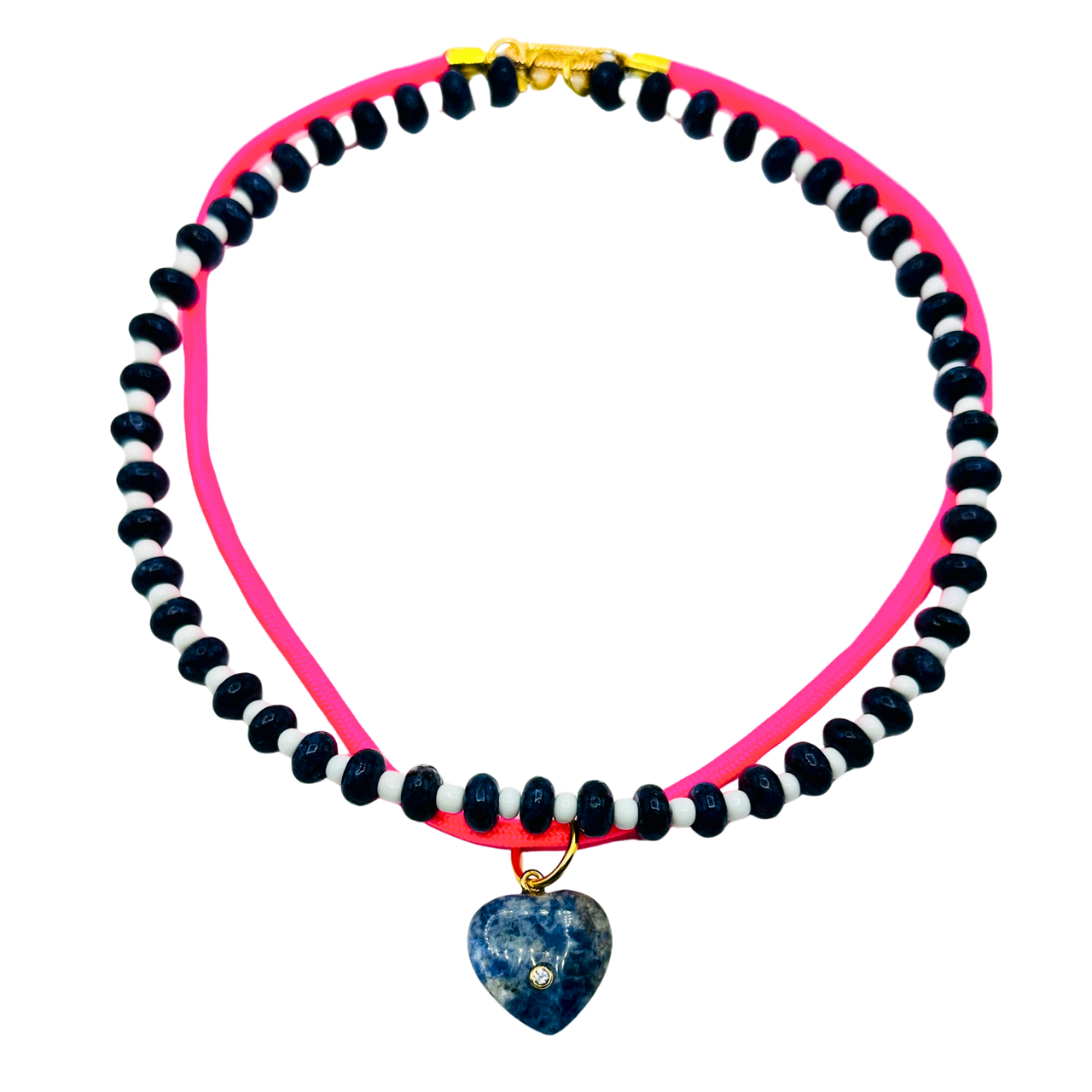 Sodalite Heart Convertible Choker Necklace | Pink Paracord & Glass Beads | 16" Handmade Necklace