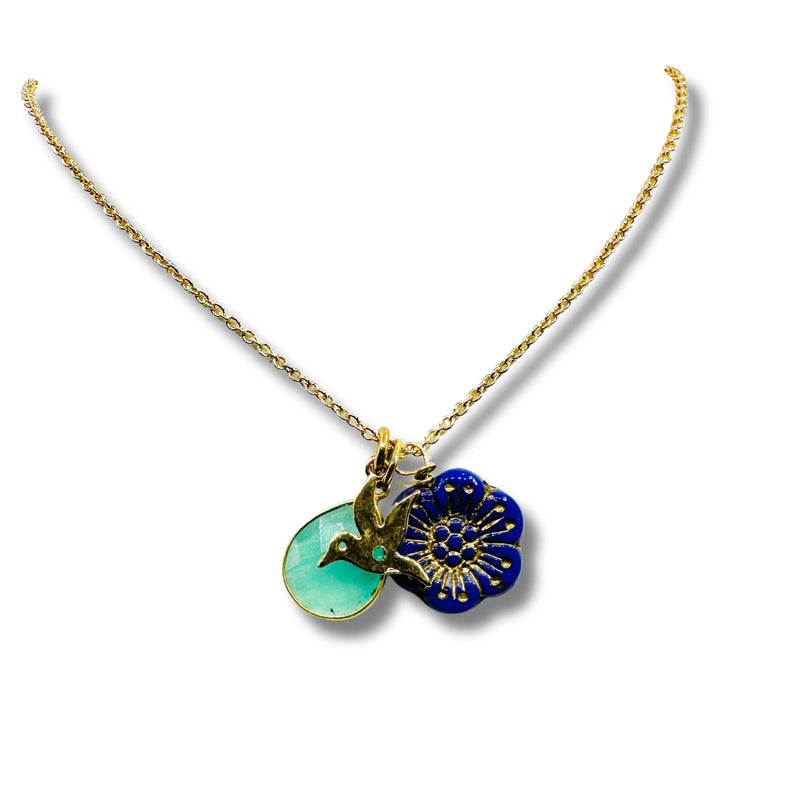 Vintage Navy Flower Necklace with Bird and Adventurine