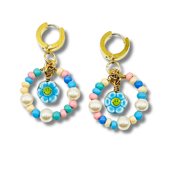 Pastel Beaded Hoops with Hand Painted Ceramic Happy Face Earrings