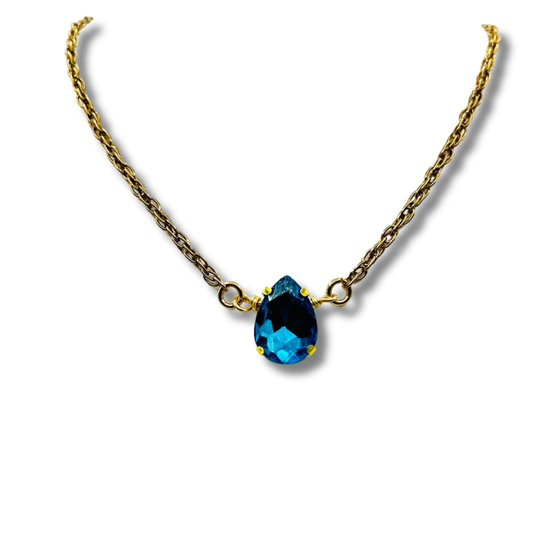 Aqua Blue Pear Cut Rhinestone Gold Statement Necklace