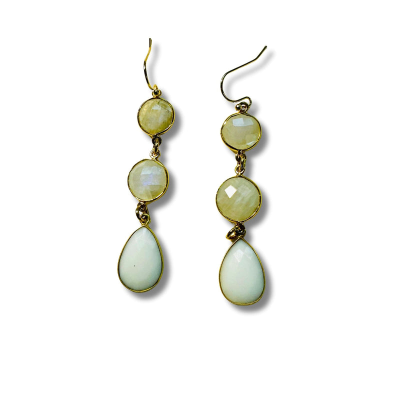 Rainbow Moonstone, White Quartz Genuine Stone Drop Earrings