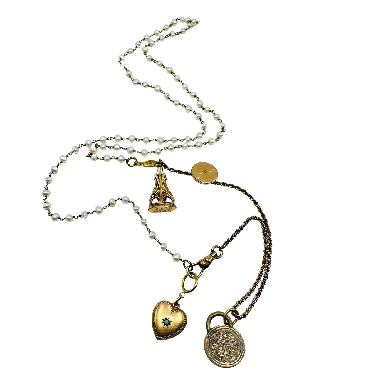 Vintage Watch Fob & Pearl Charm Necklace with Turquoise Heart and Crest Locket