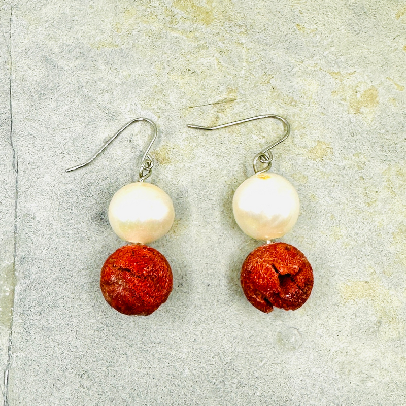 Genuine Red Coral and Freshwater Pearl Drop Earrings