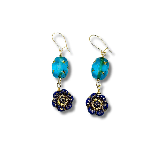 Vintage Navy and Light Blue Glass Flower Earrings
