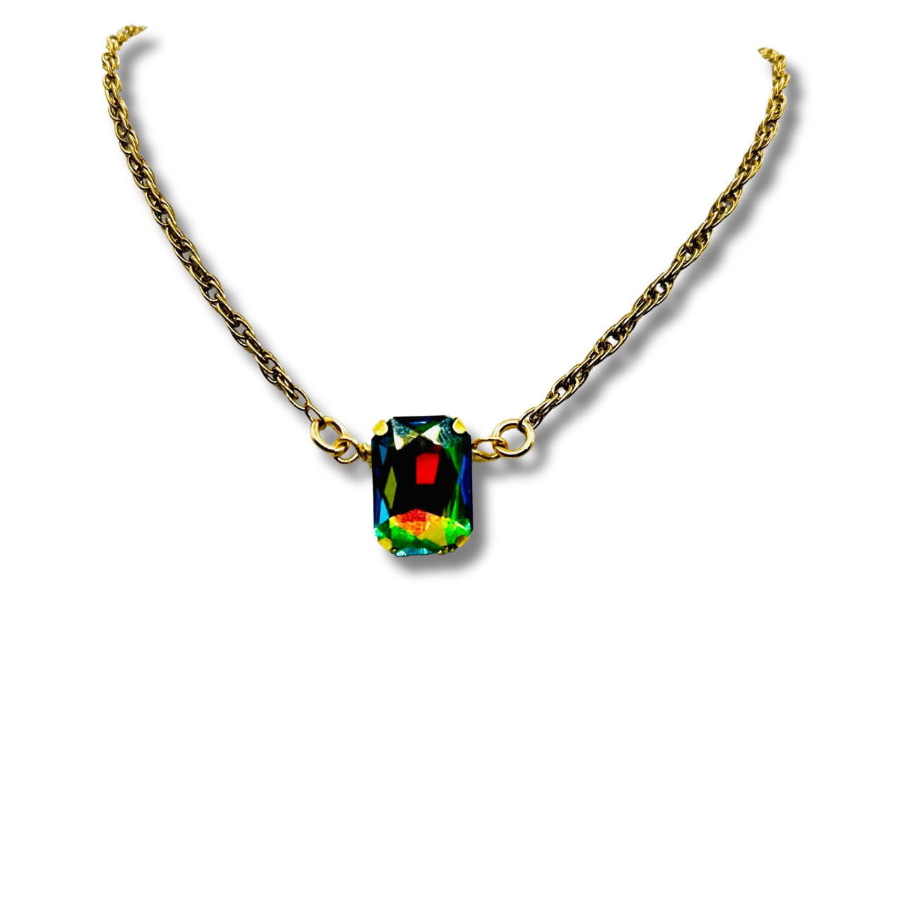 Color Shifting Rainbow Emerald Cut Rhinestone Gold Statement Necklace