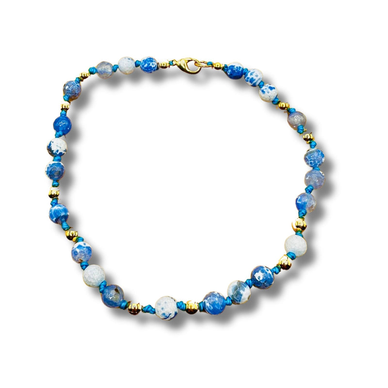 Genuine Blue Quartz, Gold Balls, Beaded Hand Knotted Statement Necklace