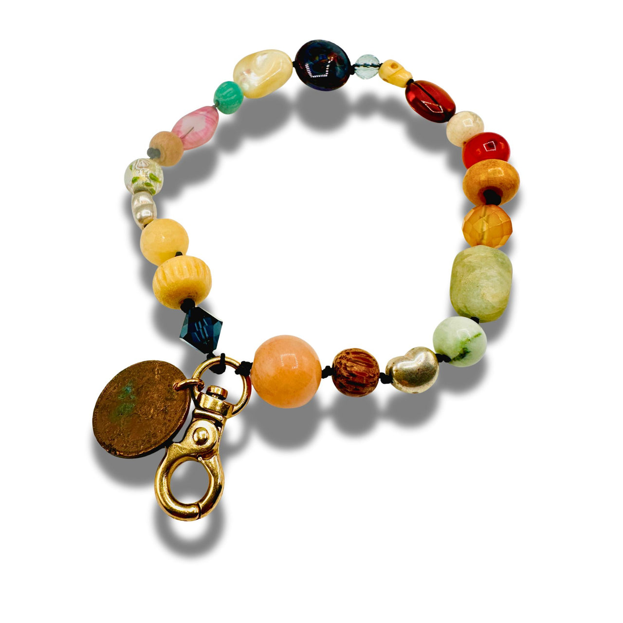 Multi Gemstone Wristlet with Coin Charm, Colorful Gemstone Phone Strap, Keychain & Purse Accessory