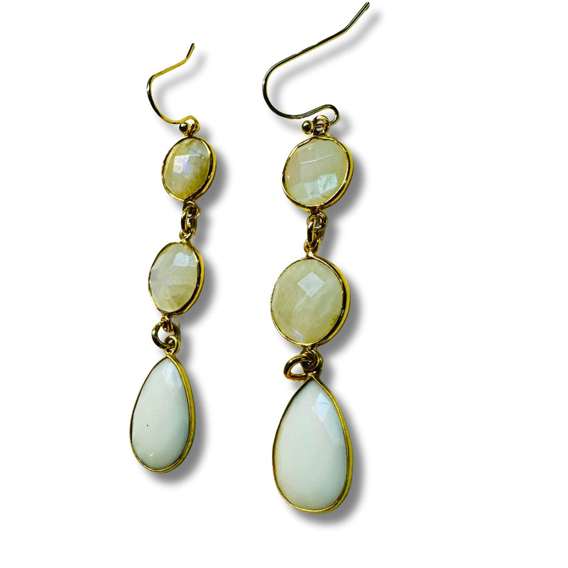 Rainbow Moonstone, White Quartz Genuine Stone Drop Earrings