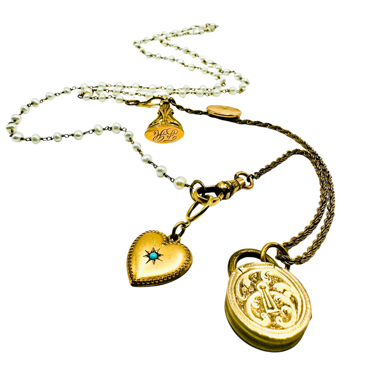 Vintage Watch Fob & Pearl Charm Necklace with Turquoise Heart and Crest Locket