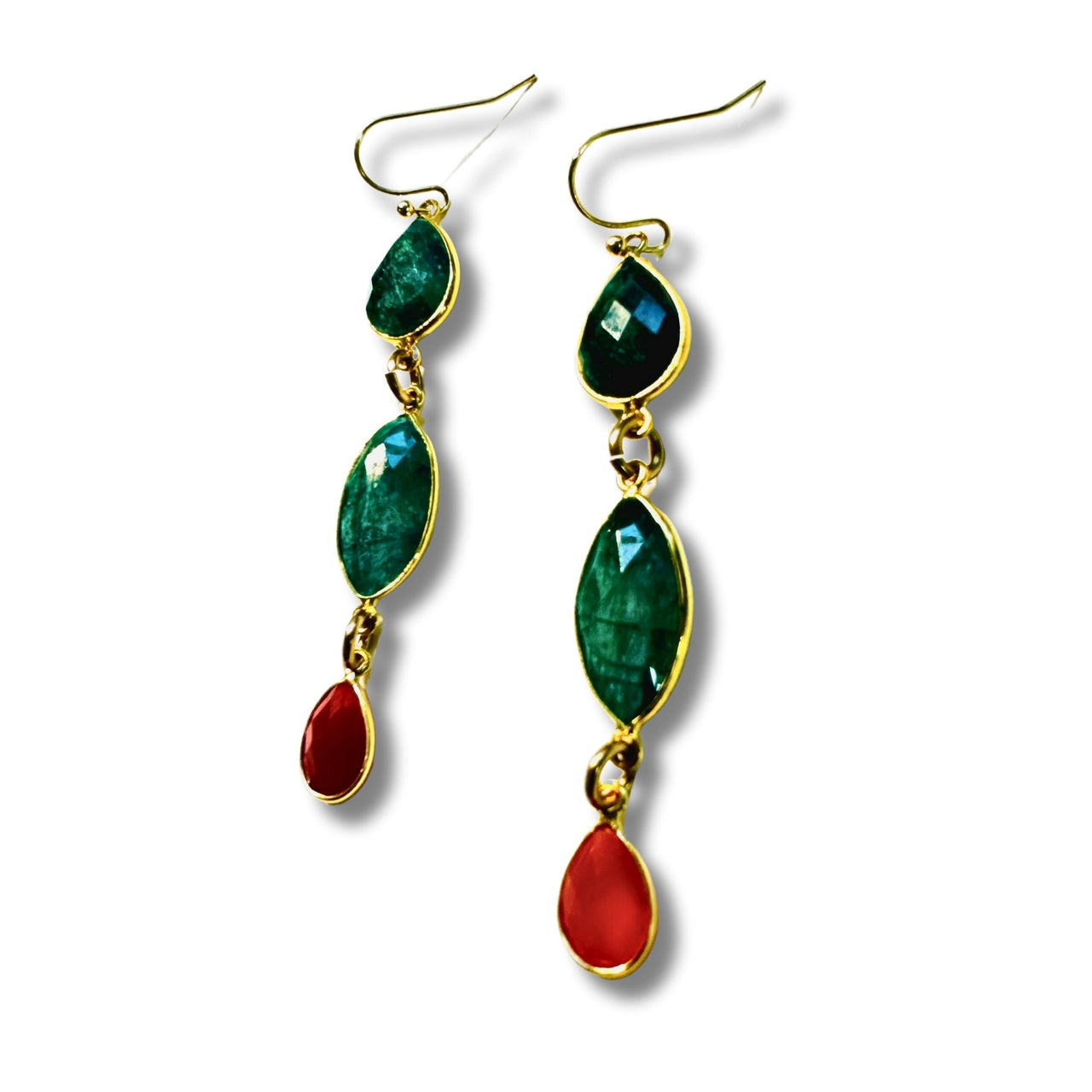 Genuine Emerald and Carnelian Stone Drop Earrings