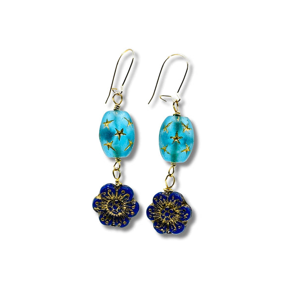 Vintage Navy and Light Blue Glass Flower Earrings