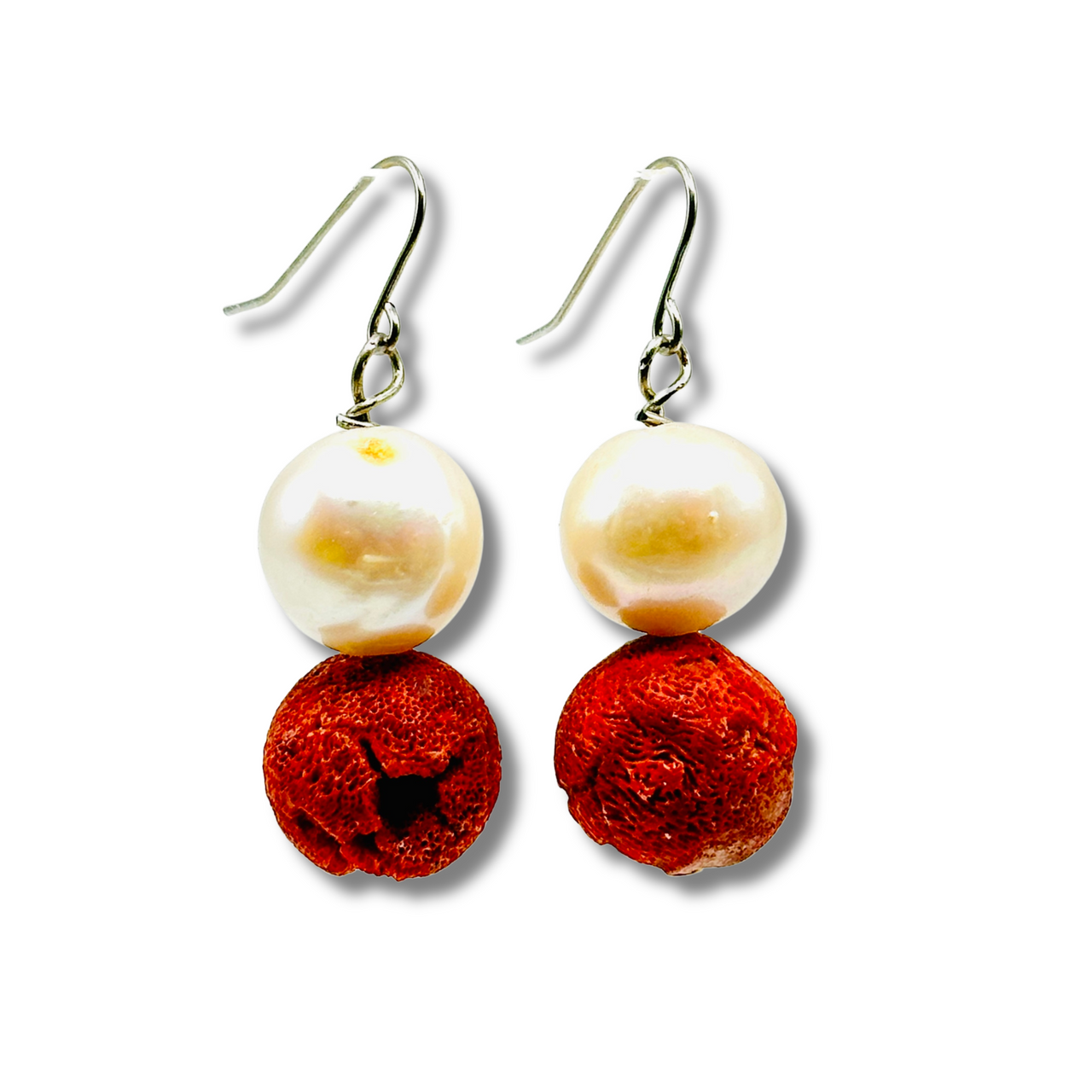 Genuine Red Coral and Freshwater Pearl Drop Earrings