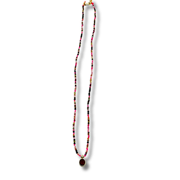 Dainty Multi Color Tourmaline Mix Necklace with Garnet Pendant