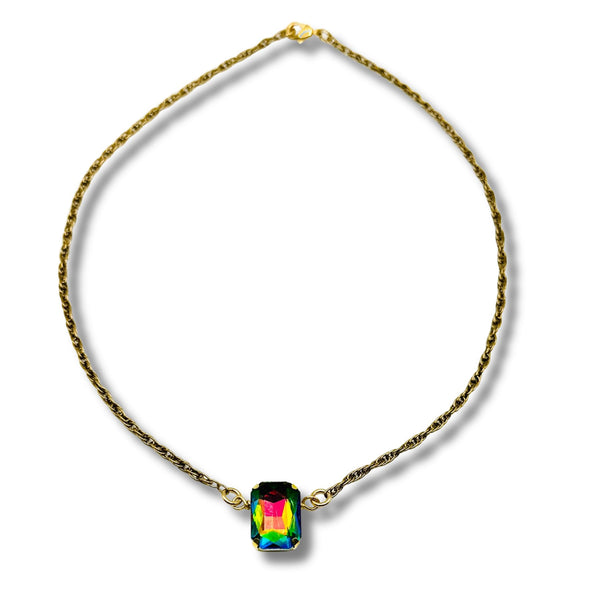 Color Shifting Rainbow Emerald Cut Rhinestone Gold Statement Necklace