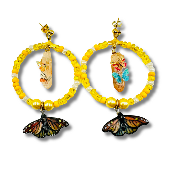 Hand Painted Monarch Butterfly Crystal Hoop Earrings