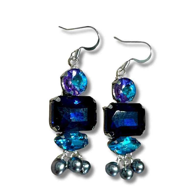 Statement Standout Blue and Lavender AB Rhinestone Drop Earrings with Pearls