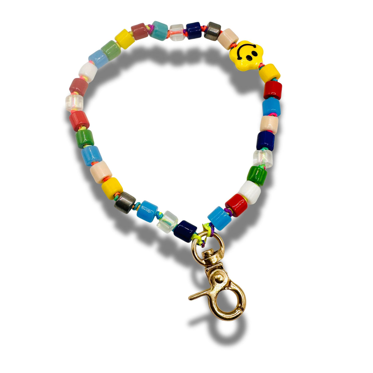 Rainbow Enamel Beaded Wristlet with Happy Face Charm – Colorful Gemstone Phone Strap, Keychain & Purse Accessory
