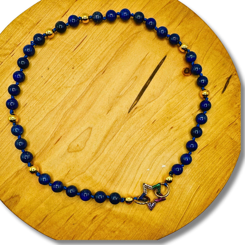 Genuine Lapis, Gold Beaded Hand Knotted Statement Charm Necklace